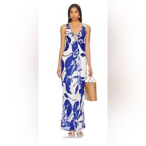 Faithfull the Brand Nicola Blue and White Sleeveless V-Neck Sundress